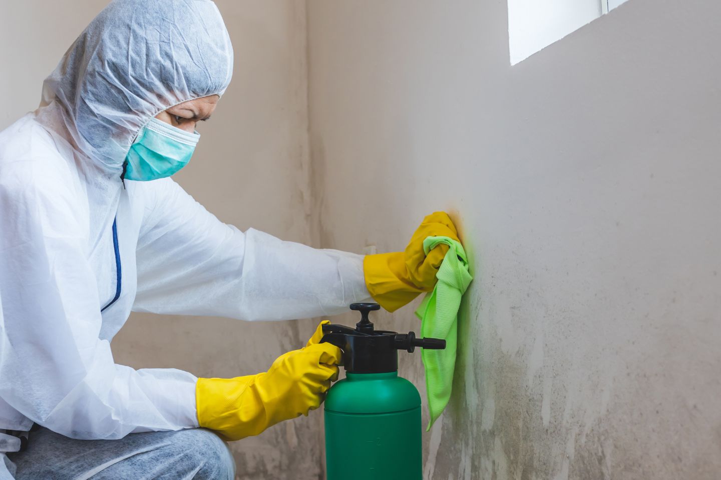 A man wearing a white coat and rubber gloves sprays a green bottle as part of a mold removal service in Irvine, CA.