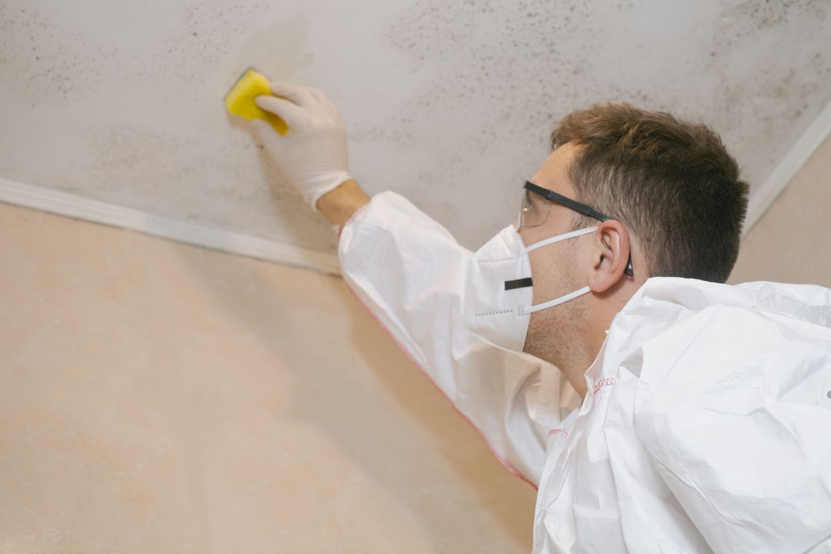 A man in a white coat and protective gear cleans a ceiling, emphasizing safety while addressing mold removal.